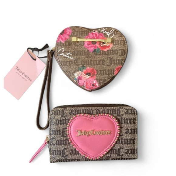 Juicy Couture Brown and Pink Heart Wristlet and Wallet - Picture 1 of 6